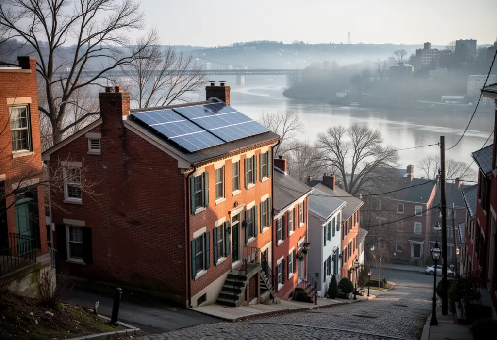 A nineteenth century brick row house with rooftop solar panels on a steep street above the Hudson River in Newburgh New York