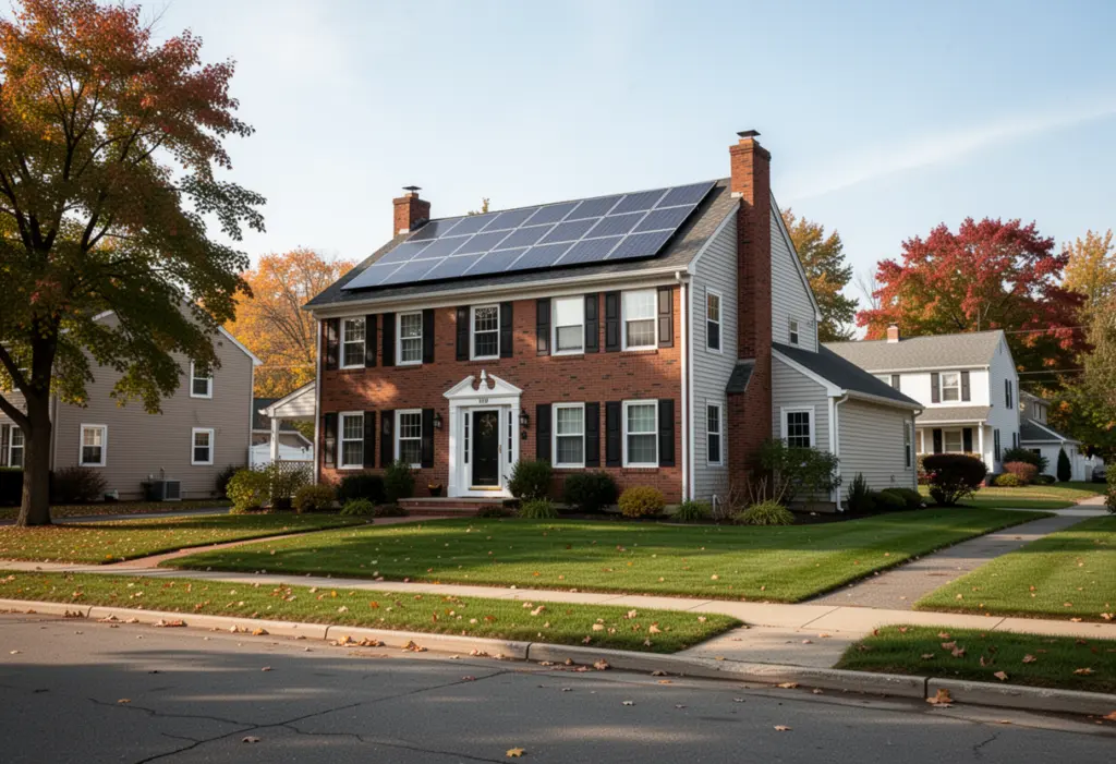 A brick and vinyl colonial house with rooftop solar panels on a wide suburban street near Buffalo New York, mature lawns