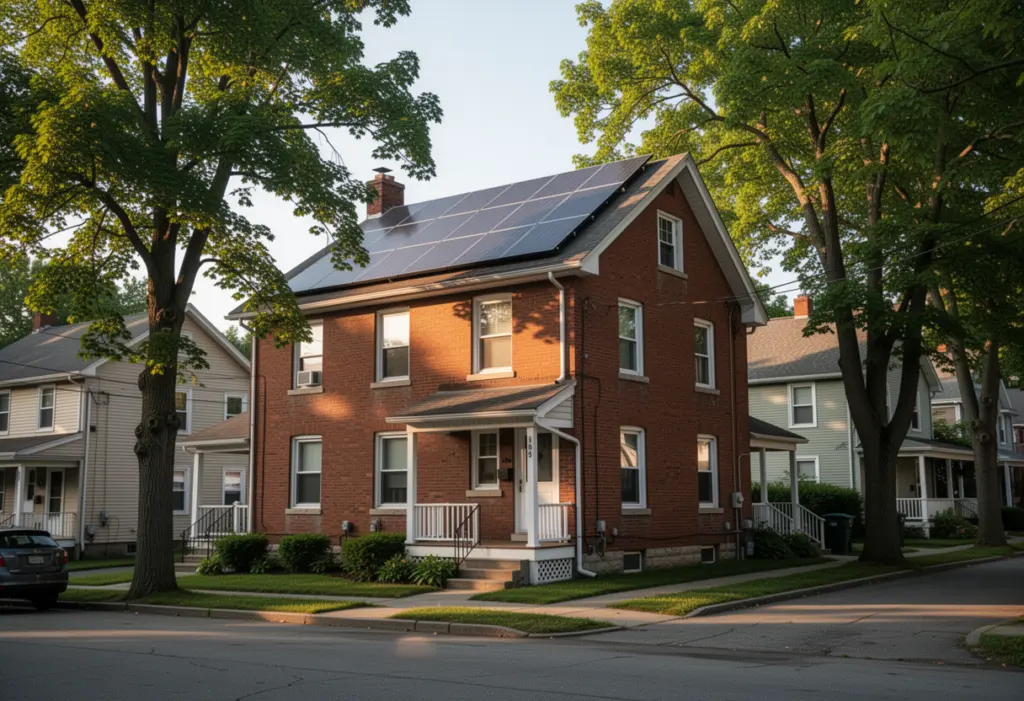 A brick two family house with rooftop solar panels on a residential street in upstate New York, mature street trees