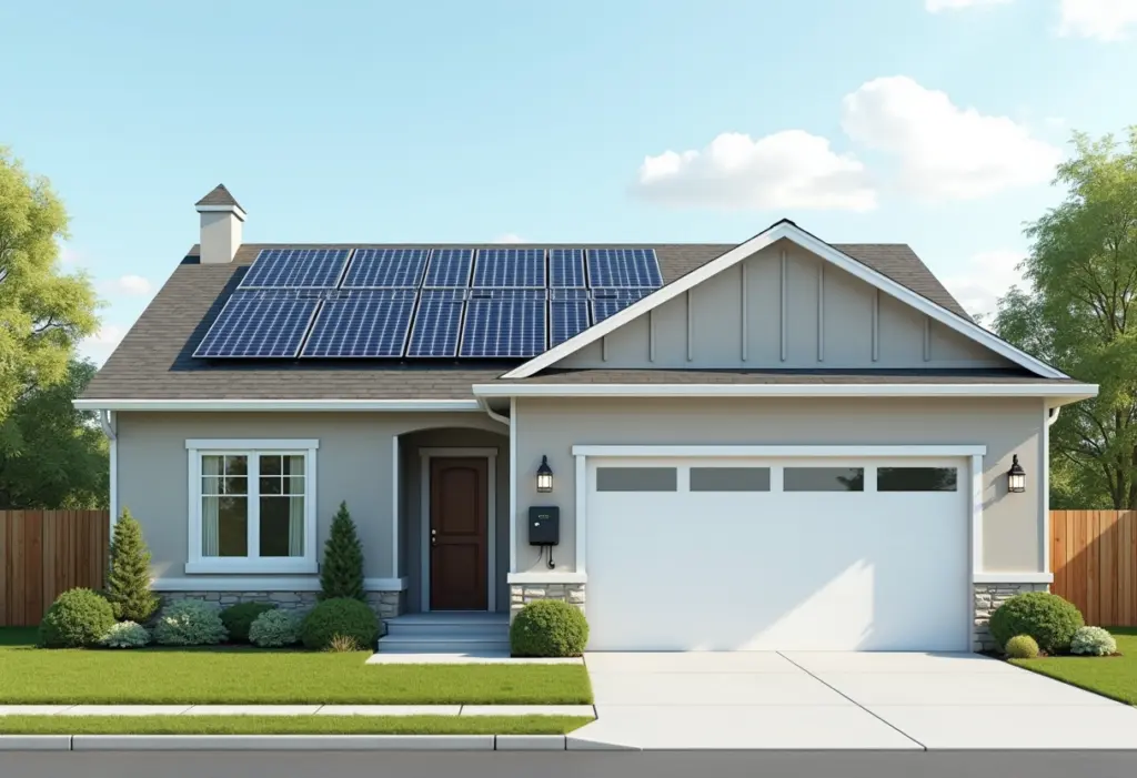A New York suburban home with rooftop solar panels, an EV charging in the driveway, and a heat pump unit visible beside the house