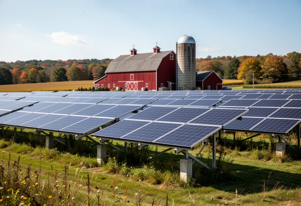 A ground-mounted solar array in a farm field in upstate New York with a red barn and silo in the background, late summer