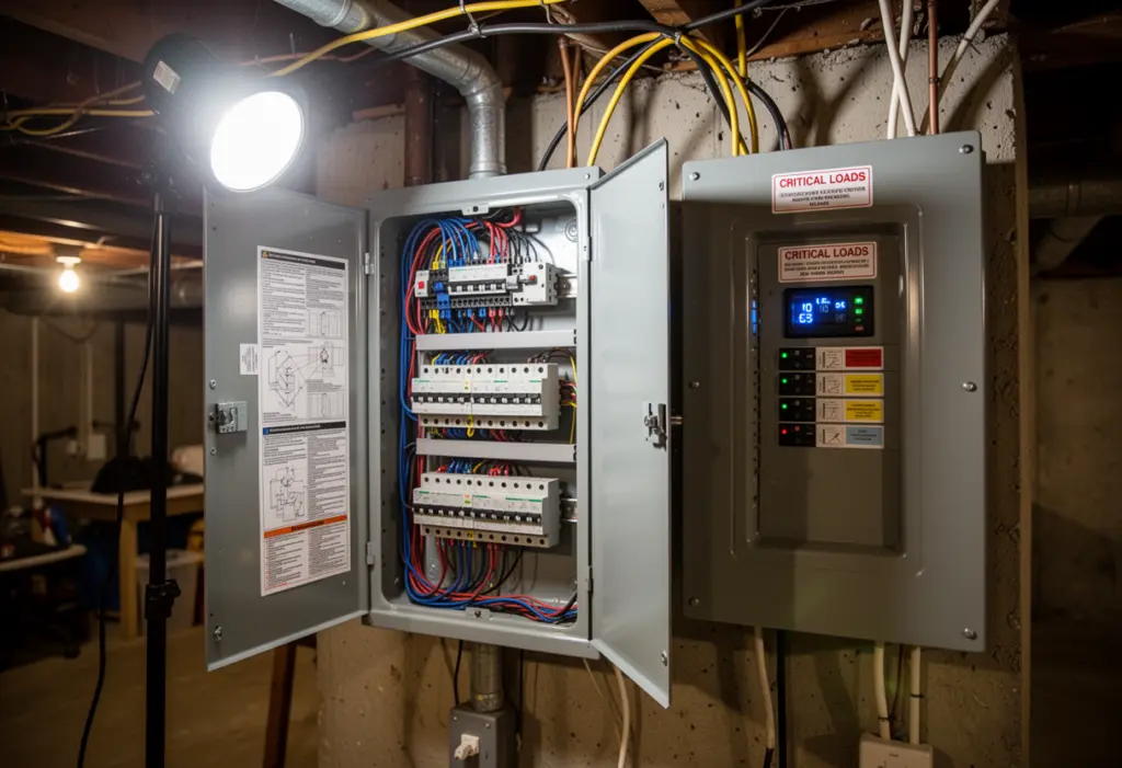 An open household electrical panel with a critical loads subpanel beside it in a Central New York basement
