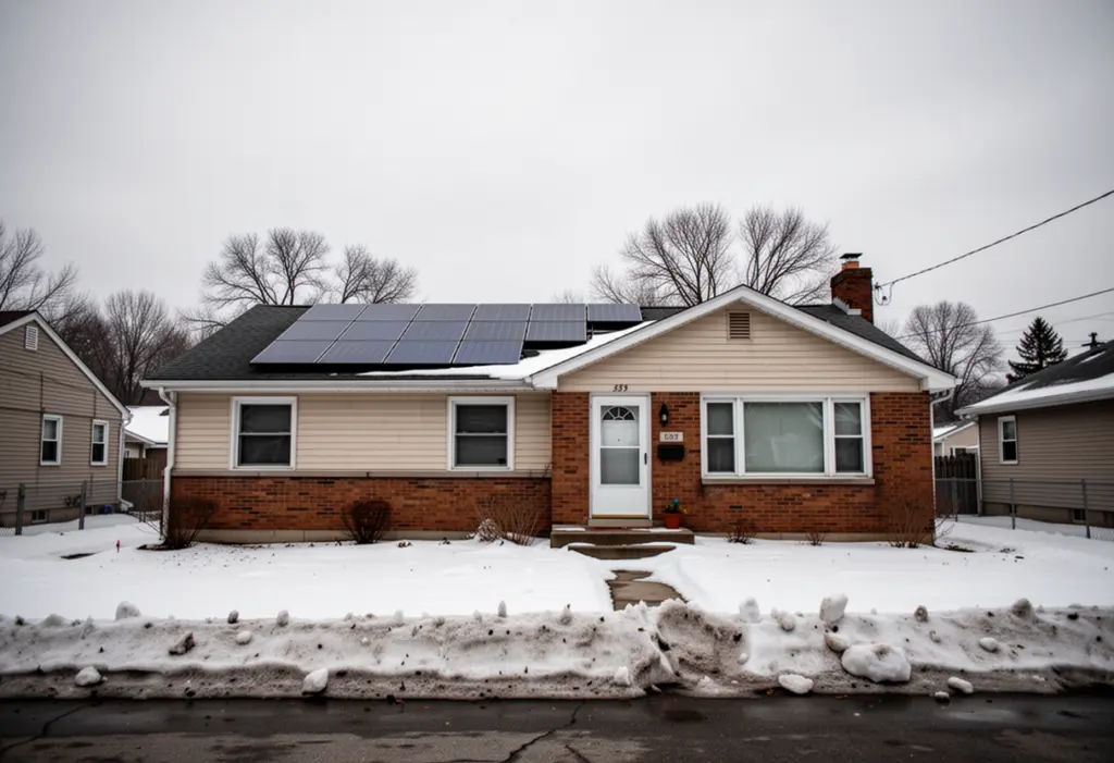 A single storey post war brick and clapboard ranch house with a small rooftop solar array in a Western New York suburb