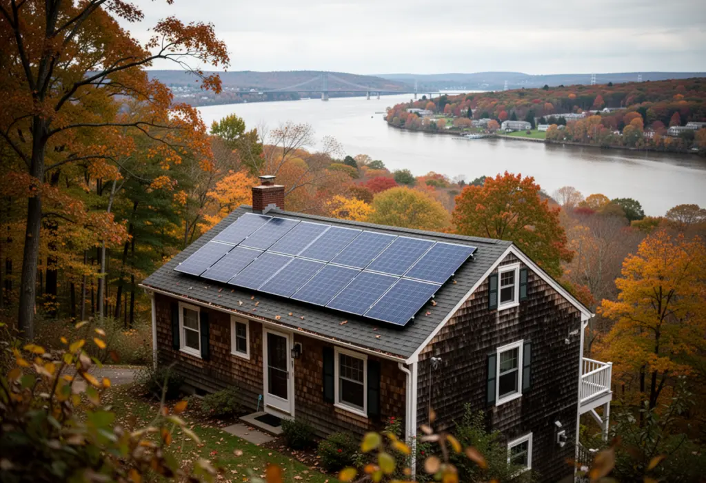 A shingled house with rooftop solar panels on a wooded hillside above the Hudson River in Westchester County