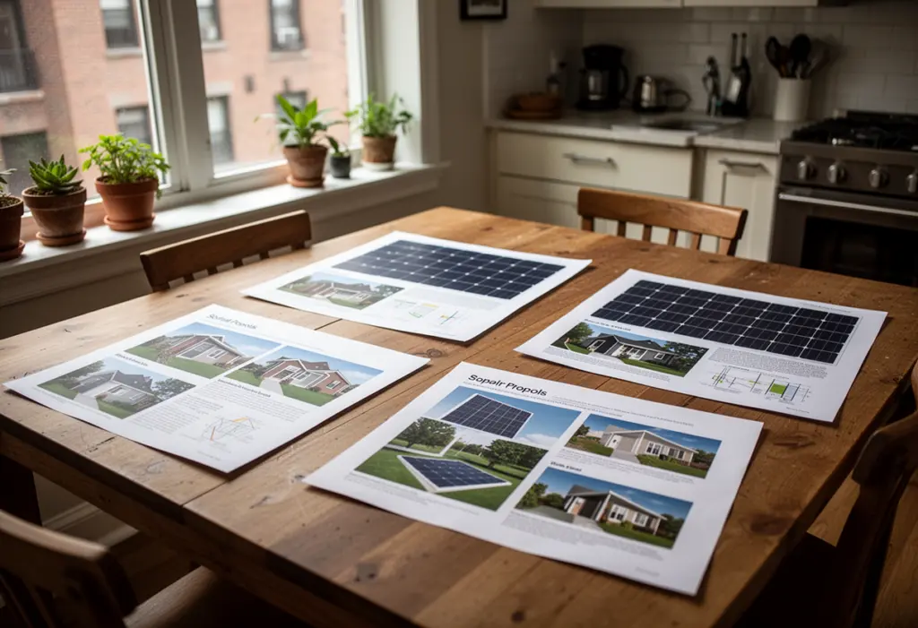 Three printed solar proposals spread across a kitchen table in a New York home, soft daylight through a window