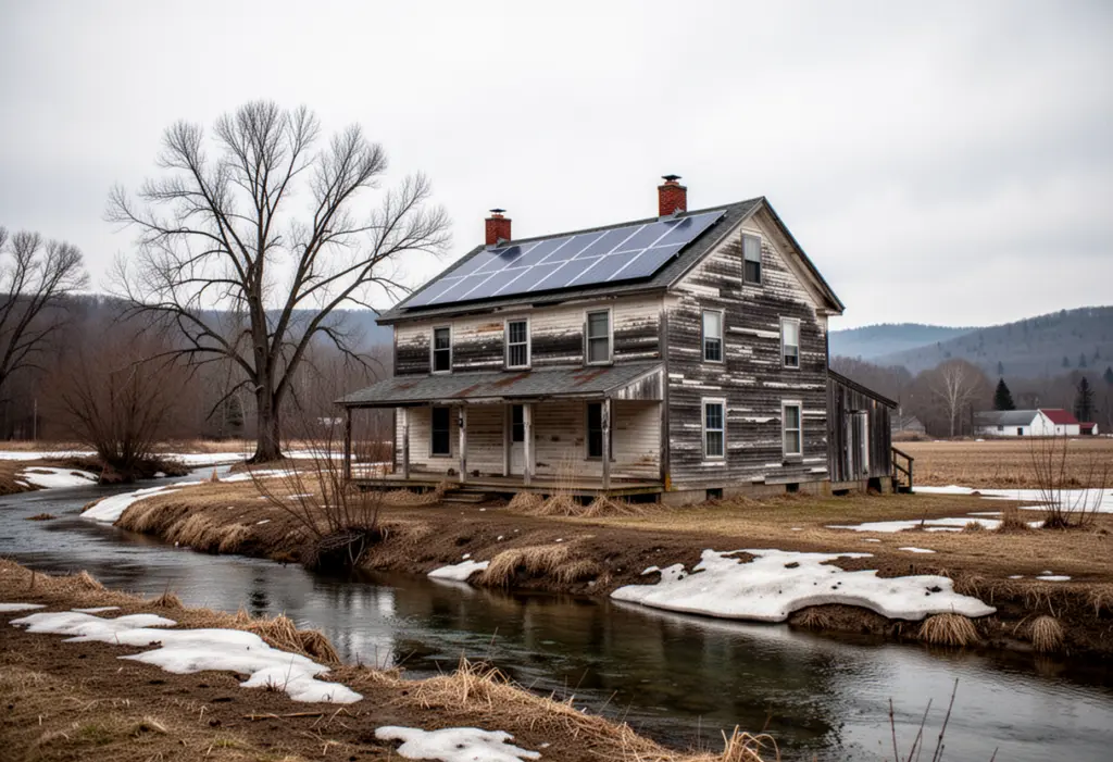 An older wood frame village house with rooftop solar panels near a creek on flat low ground in the Mohawk Valley of New York