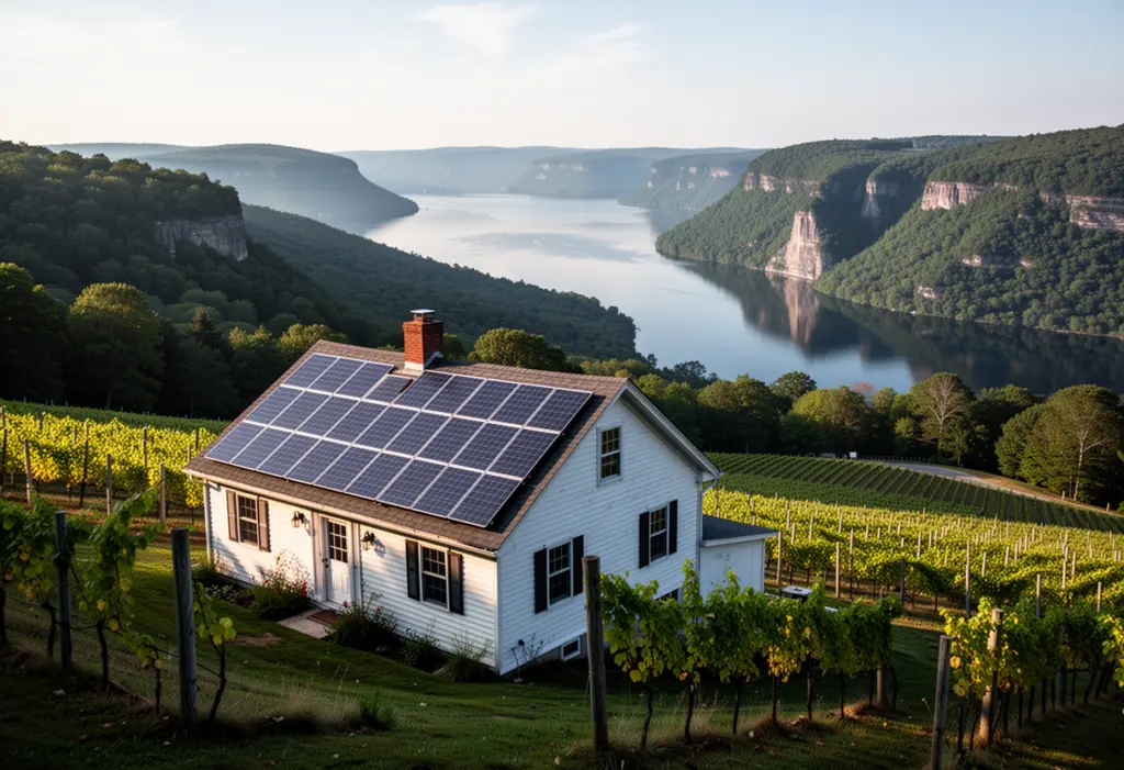 A farmhouse with rooftop solar panels on a steep slope above the south end of Seneca Lake in New York, vineyards and wooded gorges