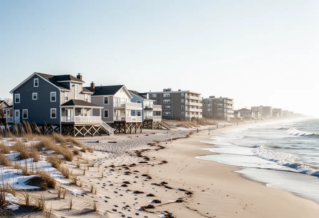 Raised beachfront houses and low apartment buildings on the barrier island at Long Beach, Nassau County Long Island