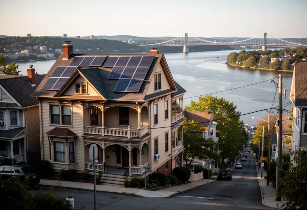 A Victorian house with rooftop solar panels on a steep street above the Hudson River in Westchester County, river and bridge visible below