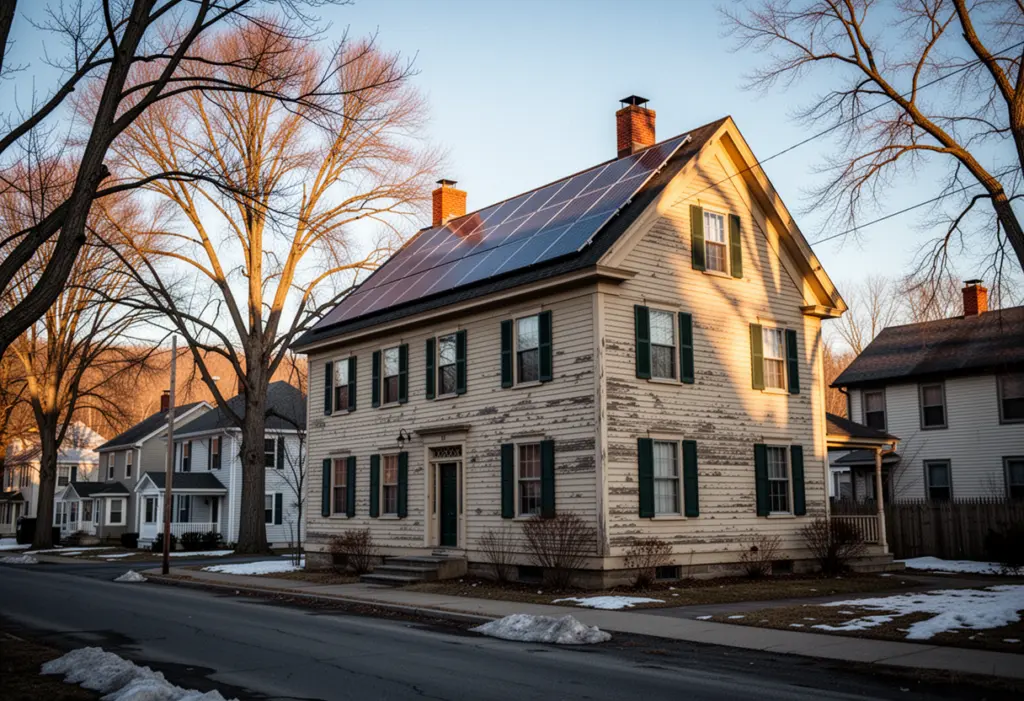 A nineteenth century clapboard house with a steep roof and solar panels on a tree lined street in the city of Auburn in Cayuga County upstate New York