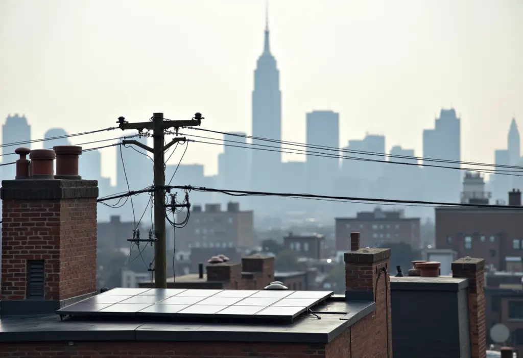 Rooftop solar panels on a Brooklyn brownstone with a Con Edison utility pole and overhead lines in the foreground and the Manhattan skyline visible in soft
