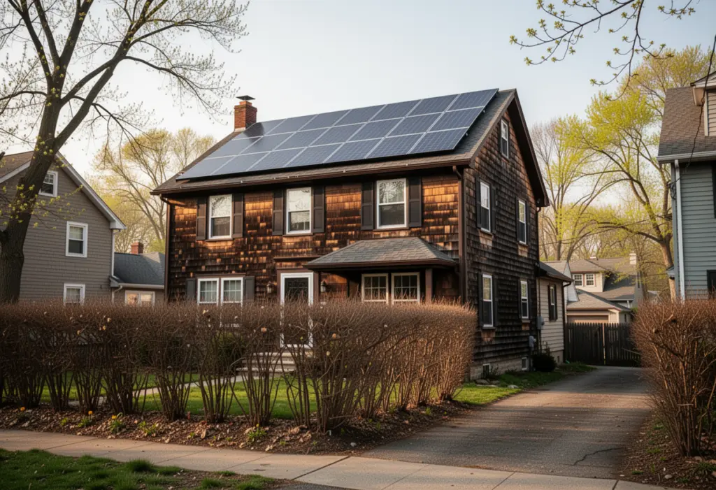 A two storey wood frame house in a New York suburb with a recently installed rooftop solar array, bare hedge and driveway in the foreground