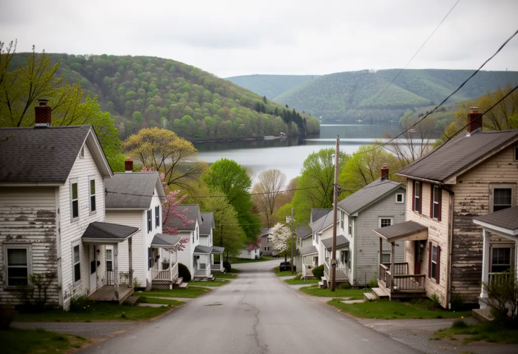 A small village street of close-set older houses in Brewster New York surrounded by wooded ridges and a reservoir in the distance