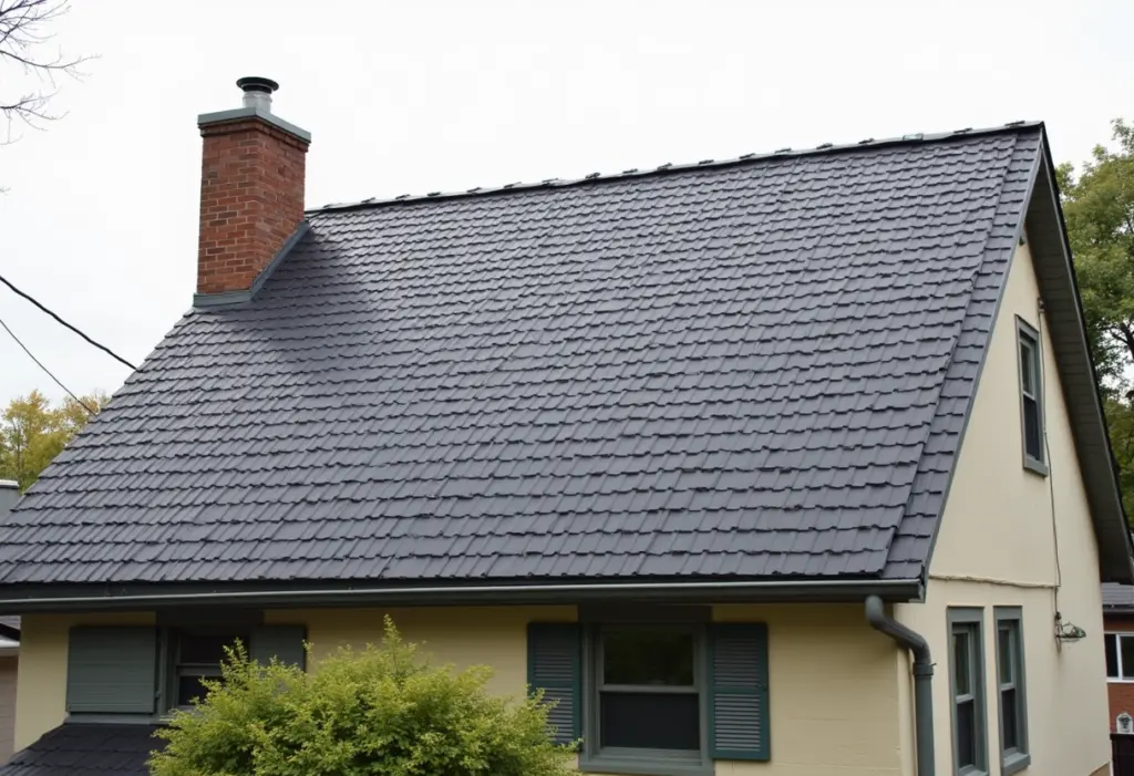 A pitched residential roof clad in dark rectangular solar roofing tiles on a detached house in outer-borough New York, photographed from street level on a bright overcast day.