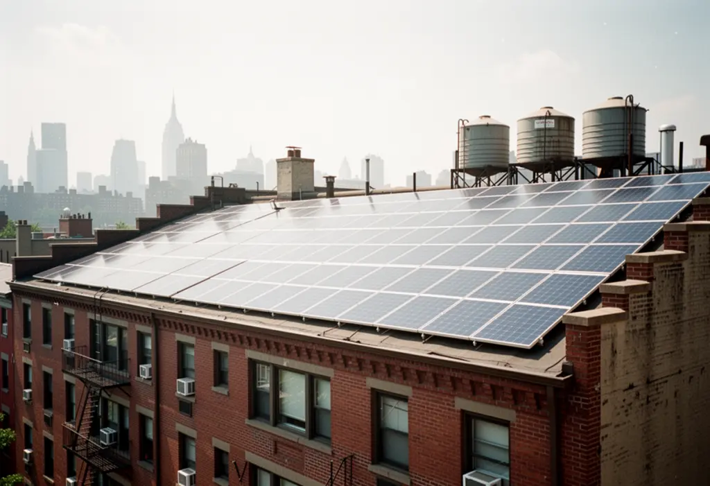 A flat roof solar array on a mid-rise apartment building in the Bronx with water tanks and parapet visible