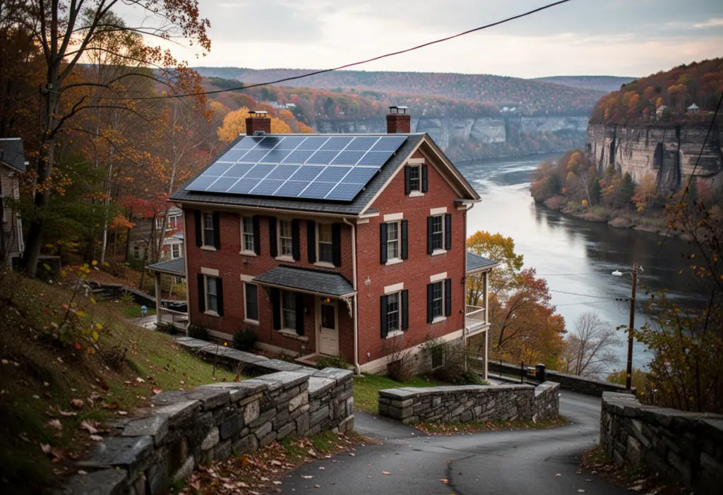 A nineteenth century brick house with rooftop solar panels on a steep hillside street above the Mohawk River gorge in central New York