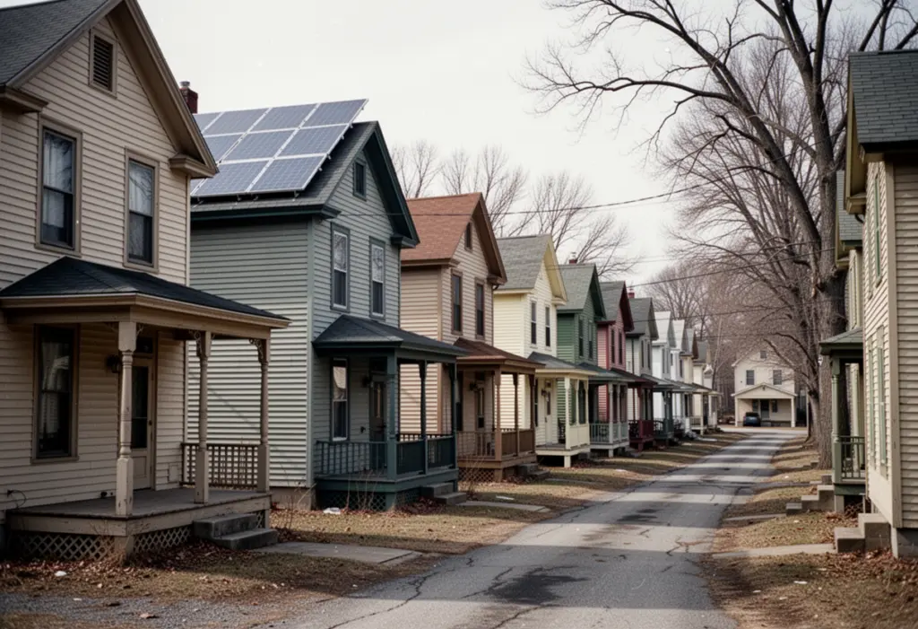 A row of closely spaced early twentieth century worker houses with rooftop solar panels on one of them in Endicott New York