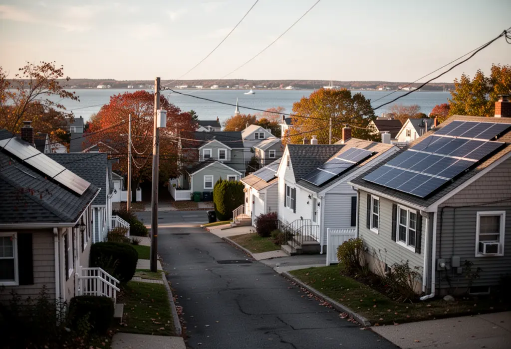 A residential street of modest houses with rooftop solar panels in a Long Island village near the bay
