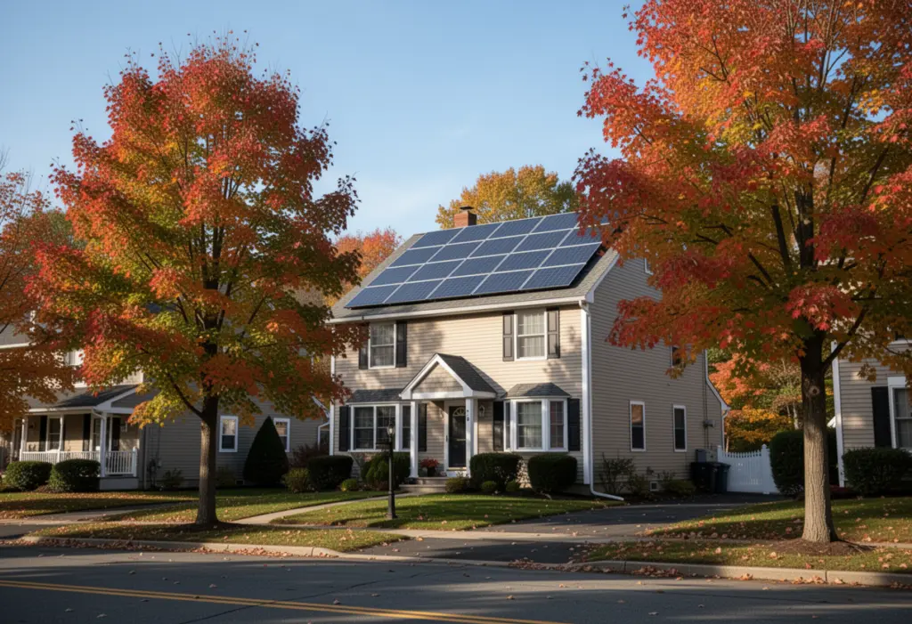 A suburban house with a rooftop solar array in Monroe County New York on a clear autumn afternoon, mature maple trees along the street