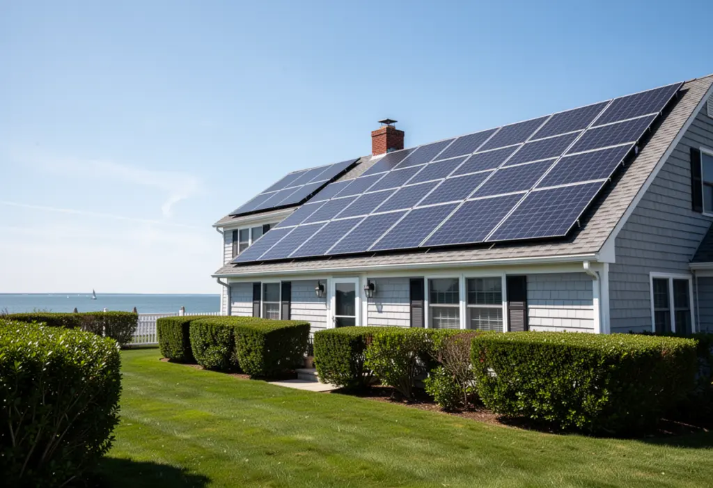 Solar panels on the roof of a Cape Cod style house on Long Island New York, neat lawn and hedges, clear blue coastal sky