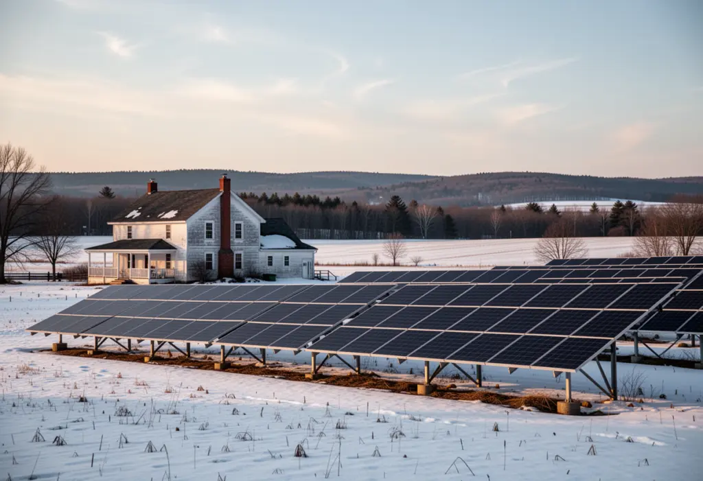 A farmhouse with a ground mounted solar array in an open field in the St Lawrence Valley of northern New York, snow covered fields and a distant treeline