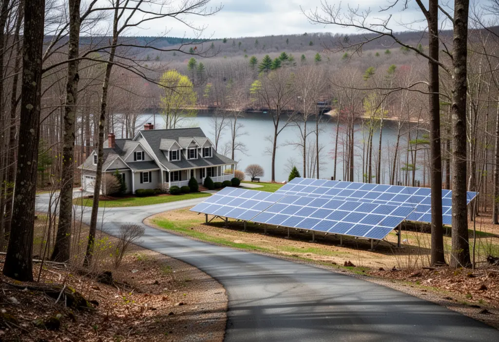 A wooded rural road in the Town of Carmel New York with a large lot house and a ground mounted solar array in a clearing