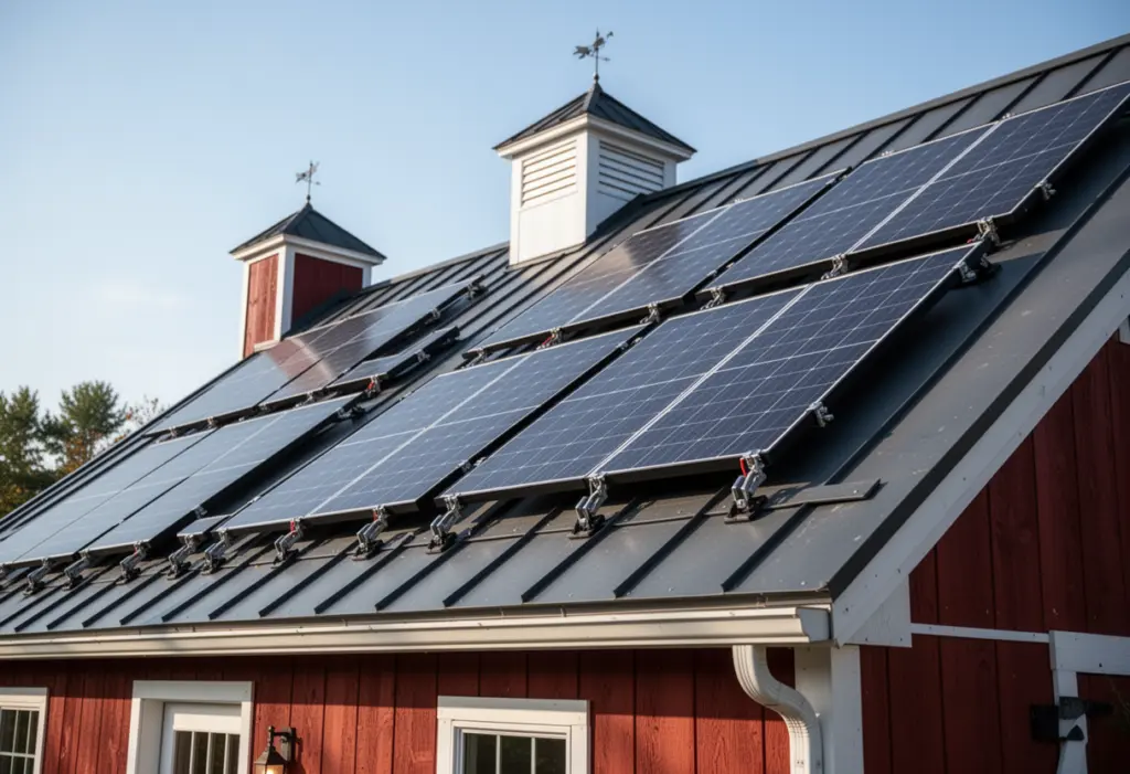 Solar panels clamped to a standing seam metal roof on a barn-style house in upstate New York, clear sky, sharp detail on the seams