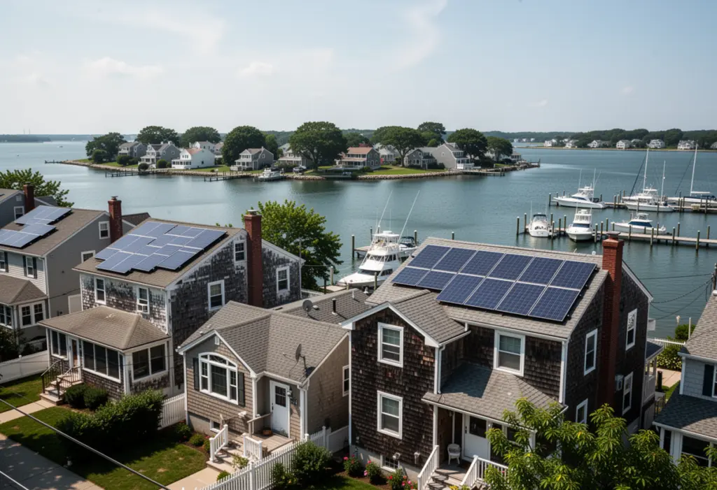A waterfront neighbourhood on a Long Island North Shore peninsula, older homes with rooftop solar panels and boats at a dock in the background