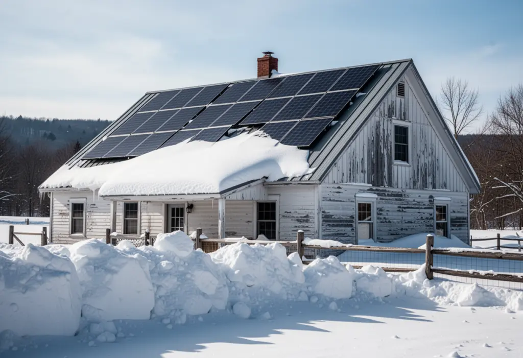 A farmhouse with a steep metal roof carrying solar panels under deep snow in Lewis County New York, snow banks taller than a fence