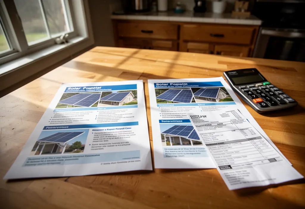 A kitchen table with two printed solar proposals side by side, a calculator and a utility bill