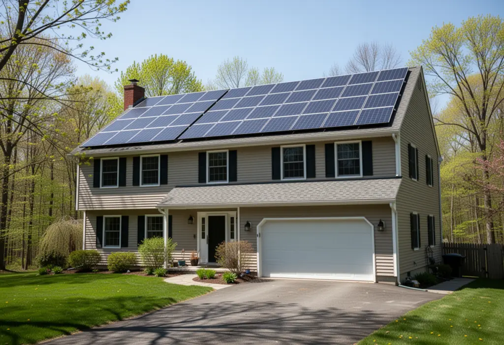 A large residential rooftop solar array on a two storey house in upstate New York seen from the driveway, clear spring daylight