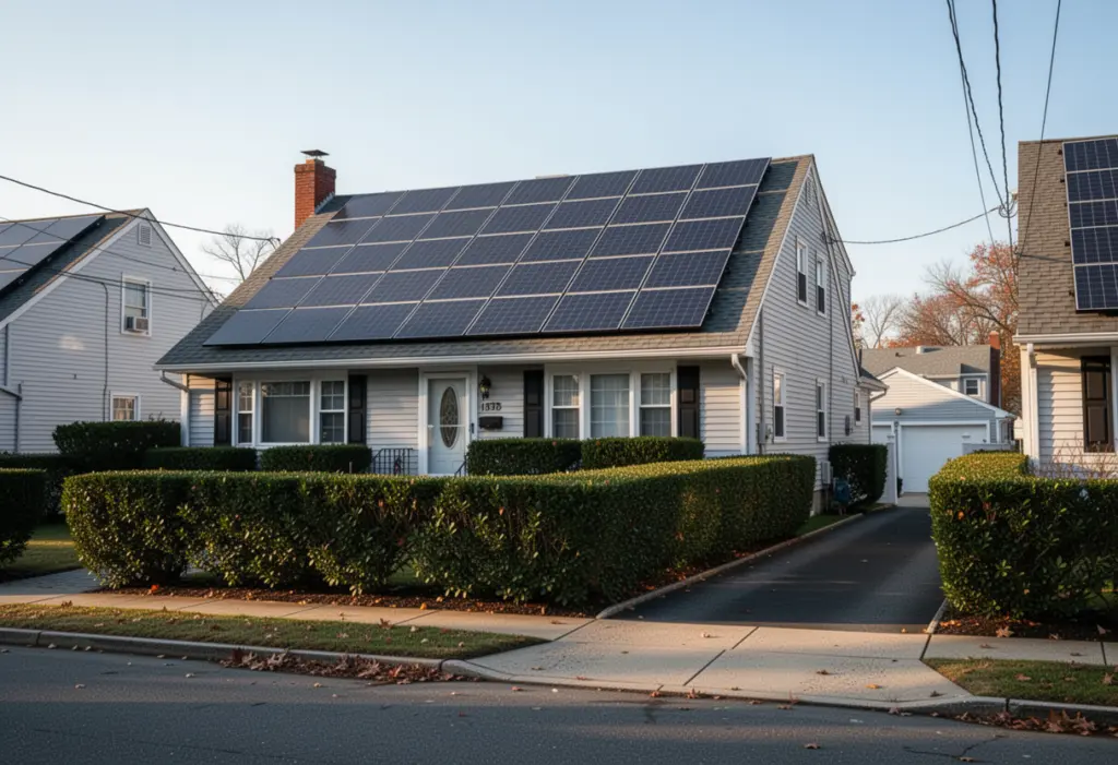 An extended Cape Cod house with rooftop solar panels on a Levittown street in Nassau County, neat hedges and a narrow driveway