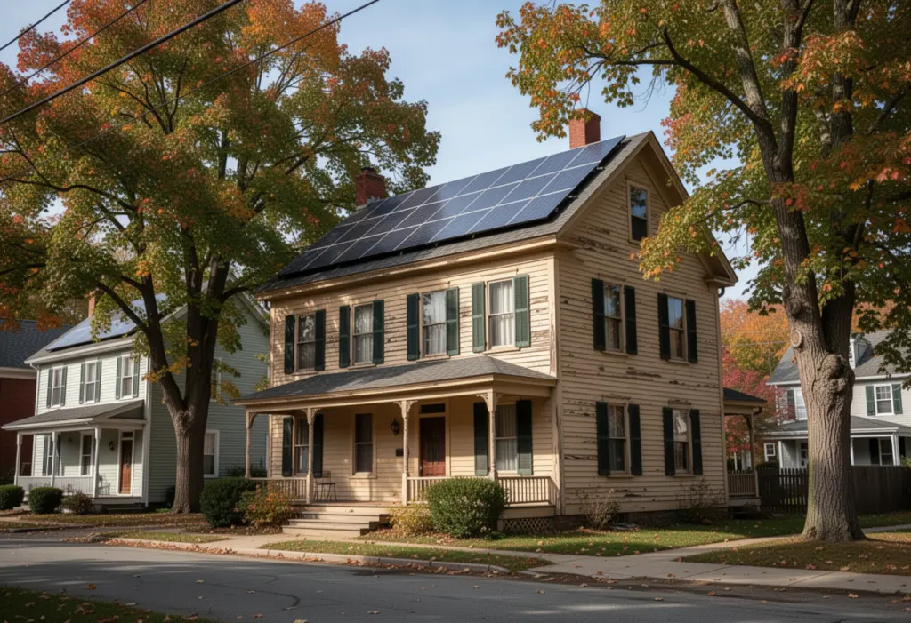 A nineteenth century wood-frame house with rooftop solar panels on a residential street in Auburn New York, mature trees