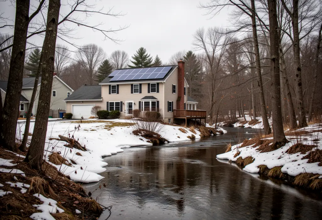 A suburban house with rooftop solar panels beside a wooded creek in western New York, snow melting on the banks