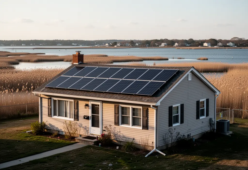 A modest ranch house with rooftop solar panels near the Great South Bay on Long Island, reeds and water in the background