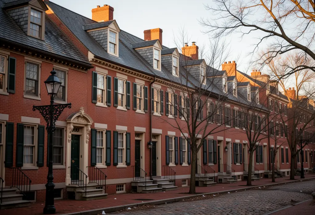 A row of nineteenth century brick townhouses with slate roofs on Warren Street in Hudson New York, cast iron detail and bare street trees