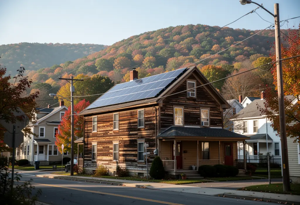 A wood-frame house with rooftop solar panels on a street in Cortland New York, wooded hills rising behind the town