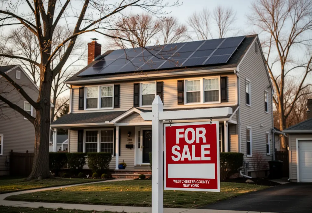A for sale sign in front of a two storey suburban house with rooftop solar panels in Westchester County New York