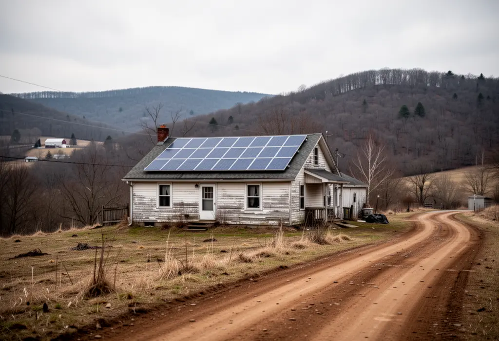 A modest farmhouse with rooftop solar panels on a hillside in rural southwestern New York, bare hills and a dirt road