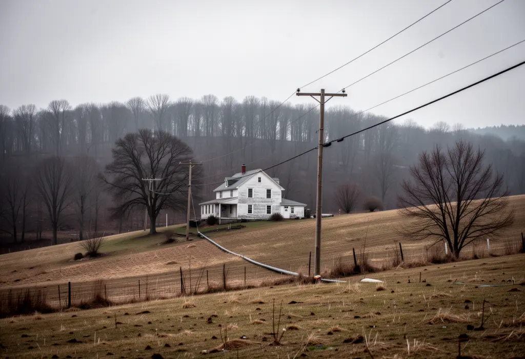 A farmhouse on a hillside in the New York Southern Tier with a long overhead power line running to it across a field