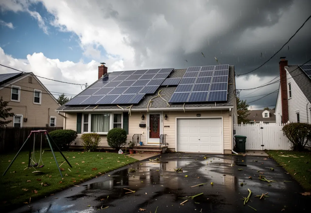 A suburban New York house with rooftop solar panels seen after a storm, wet driveway, dramatic clearing sky