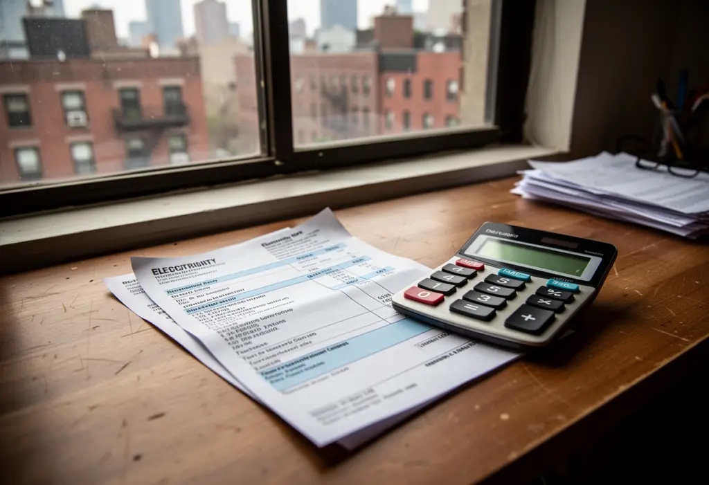 A household electricity bill and a calculator on a wooden desk beside a window in a New York apartment, no legible text