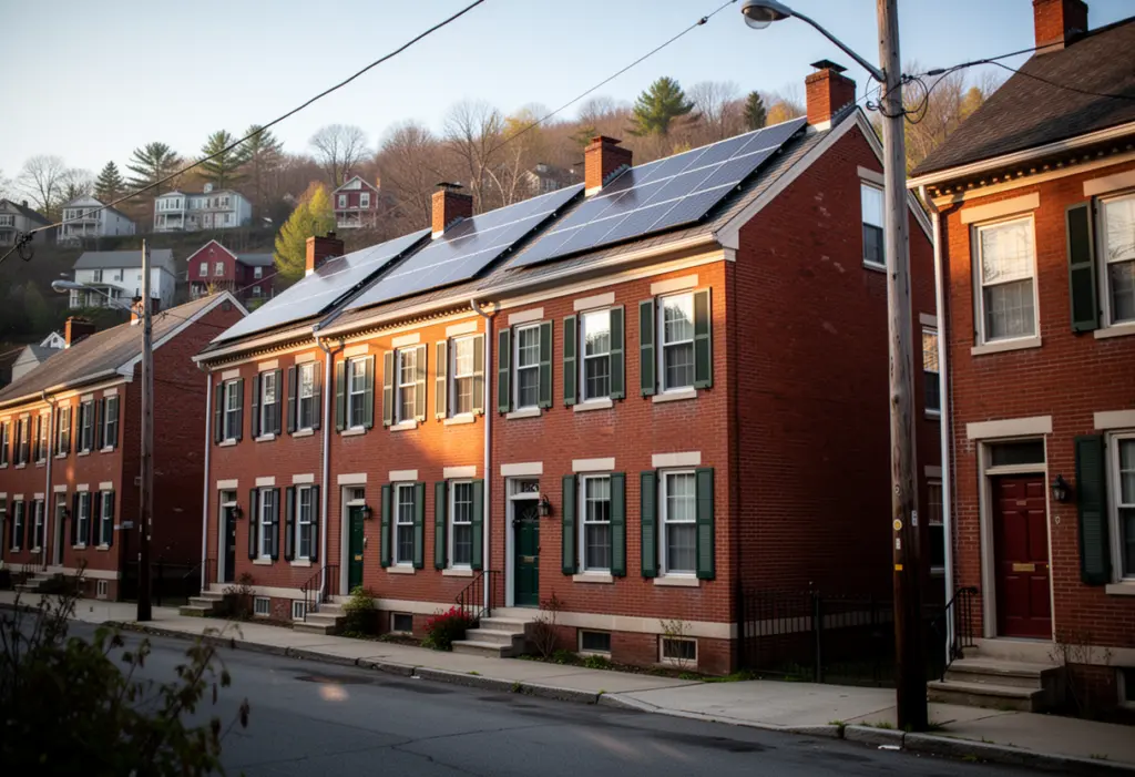 A brick row house with rooftop solar panels on a hillside street in Troy New York, nineteenth century streetscape