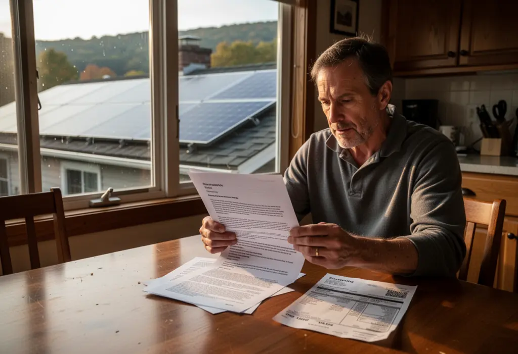 A homeowner at a kitchen table in the Hudson Valley reading a multi-page contract beside an electricity bill, rooftop solar panels visible outside