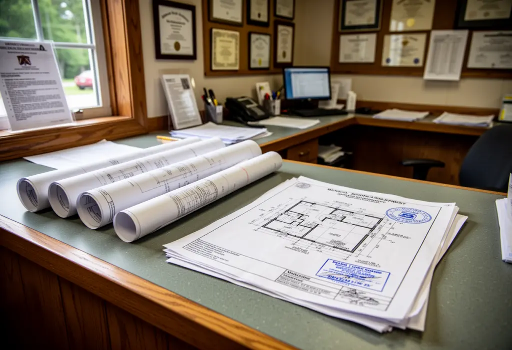 A municipal building department counter in a small upstate New York town with rolled drawings and a stamped plan set on the desk