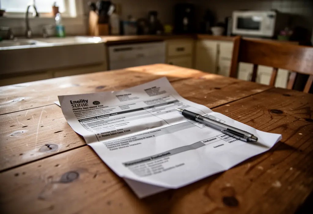A paper utility bill and a pen on a wooden kitchen table in a rural New York home, no legible text