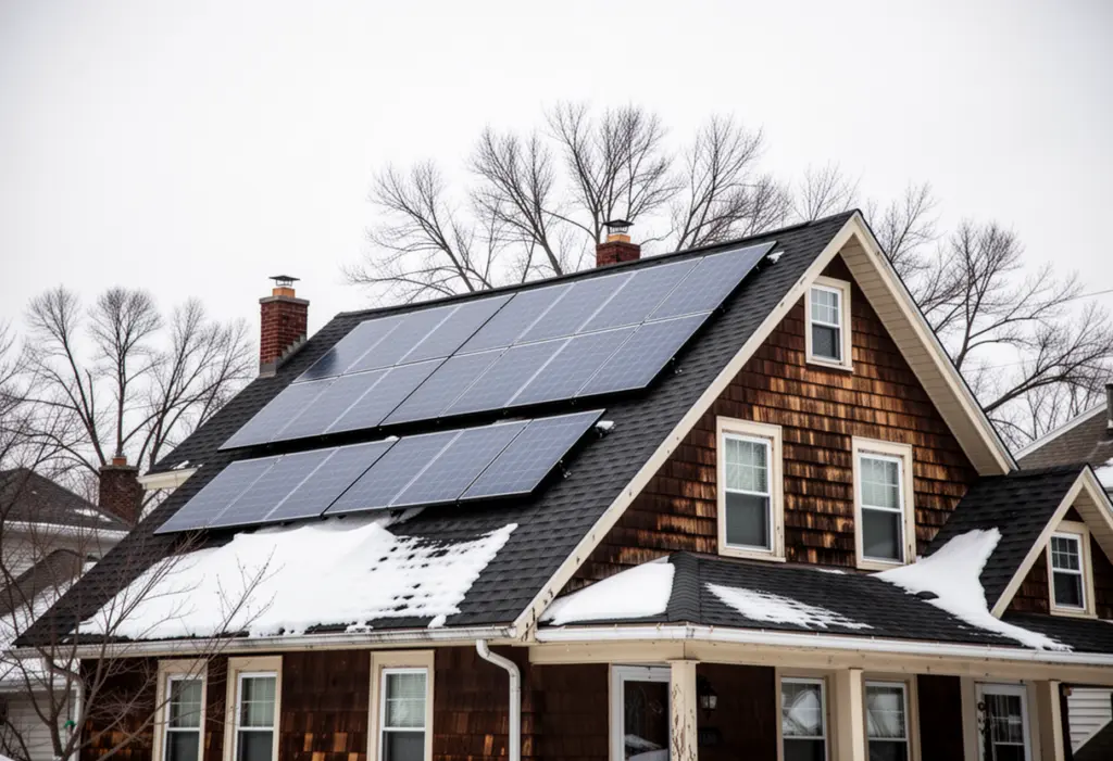 Solar panels on the steep asphalt-shingle roof of a two-storey wood-frame house in Buffalo New York on a bright winter day
