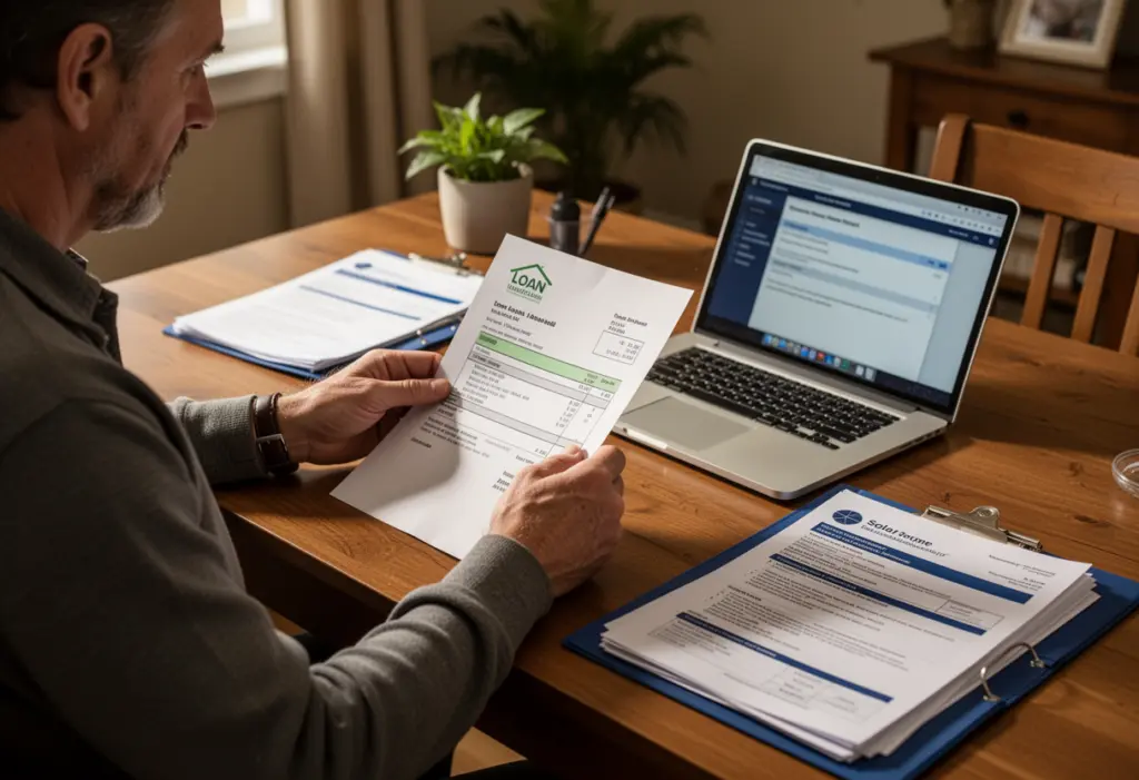 A homeowner at a desk reading a loan statement with a laptop open beside a folder of solar paperwork