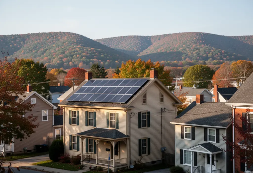 A nineteenth century house with rooftop solar panels on a residential street in the city of Norwich New York, wooded valley ridges rising beyond the rooftops