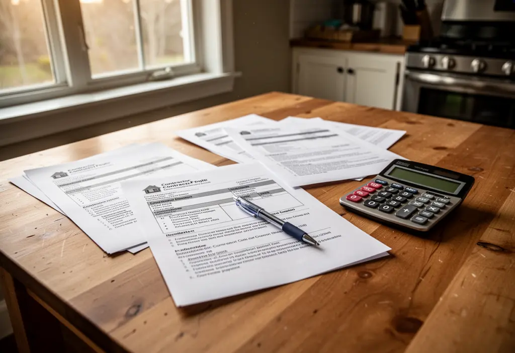 A kitchen table with printed contractor proposals, a pen and a calculator